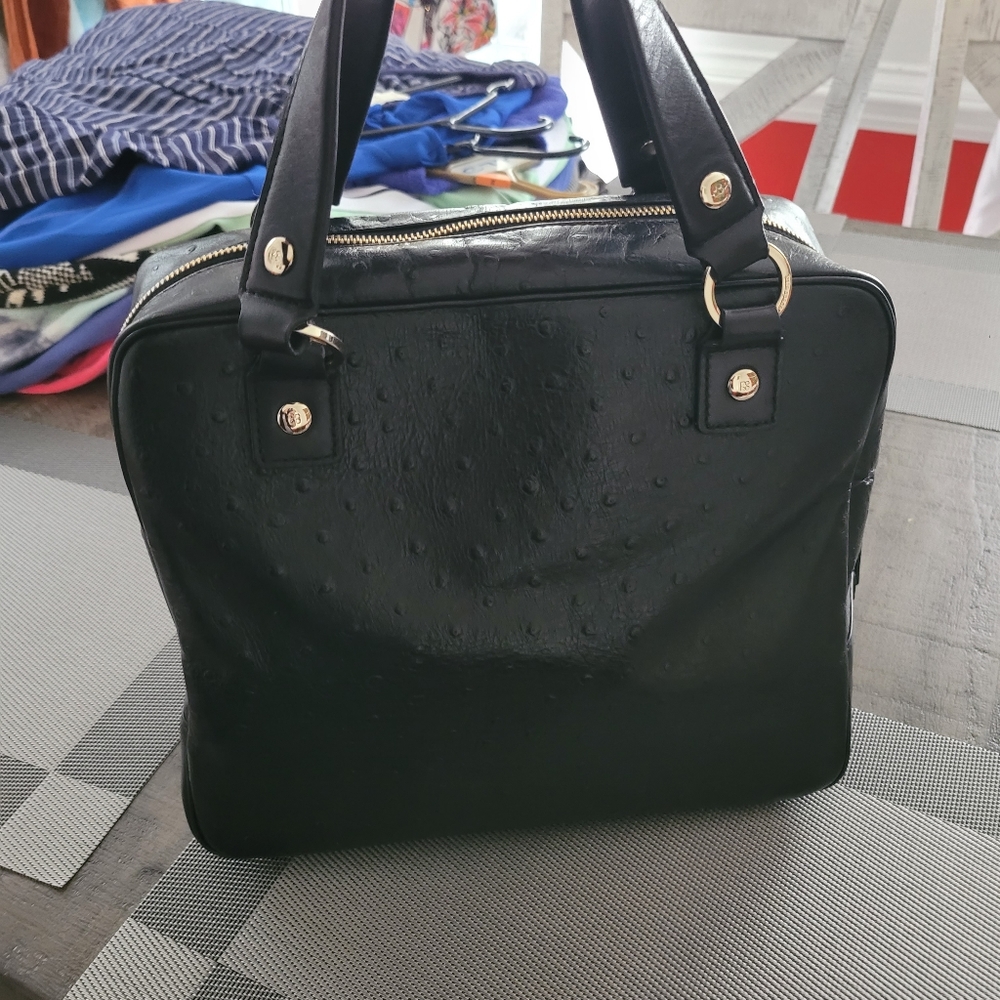Kate Spade Dark Black Ostrich Embossed Bowler Style Bag - Picture 3 of 9